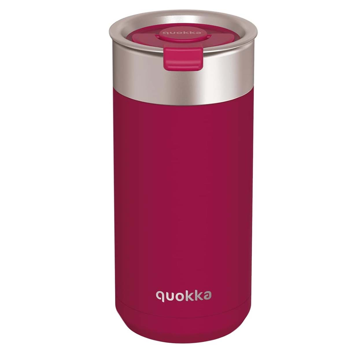 Una tazza rosa Quokka con coperchio argentato e pulsante rosso.