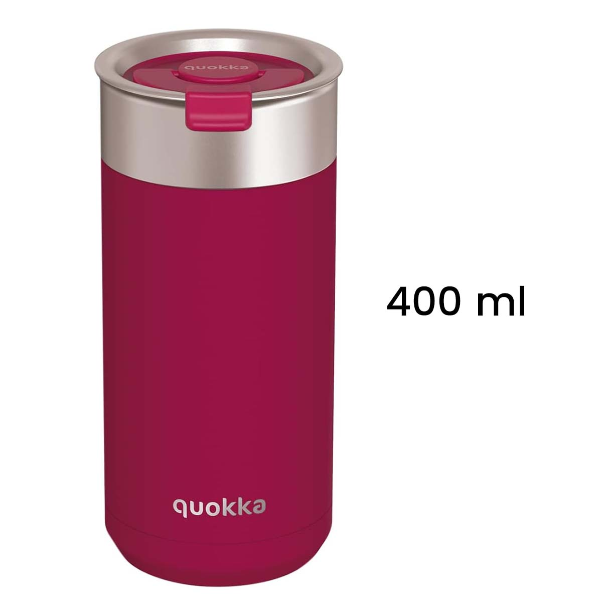 Una borraccia rossa Quokka da 400 ml con coperchio argentato.