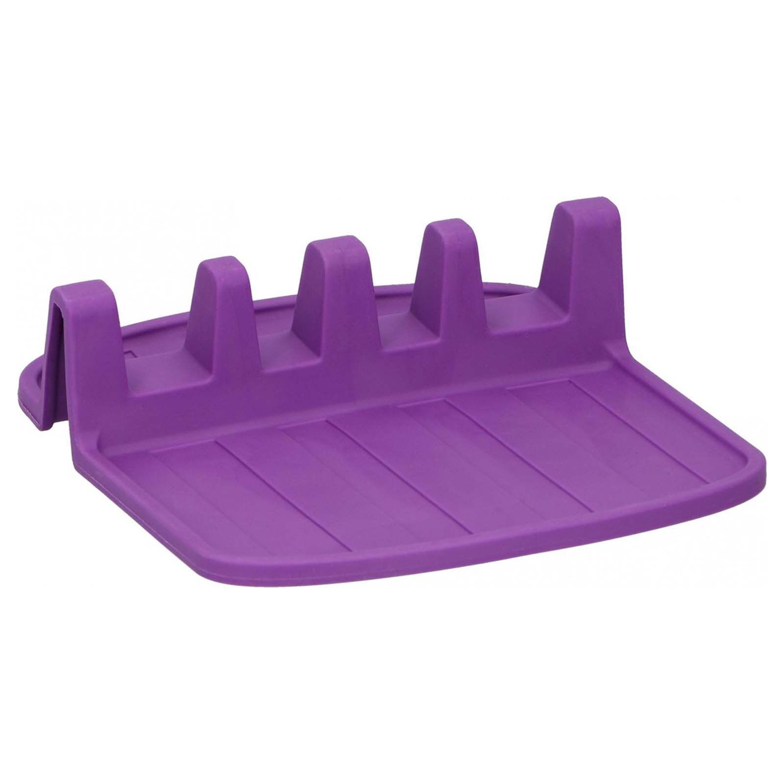 Un poggia utensili viola con più fessure e creste su una base piatta.