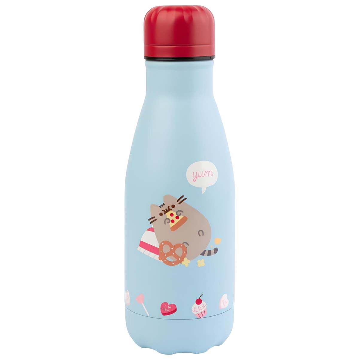 Bottiglia azzurra con Pusheen il gatto che mangia pizza e un pretzel. Tappo rosso.