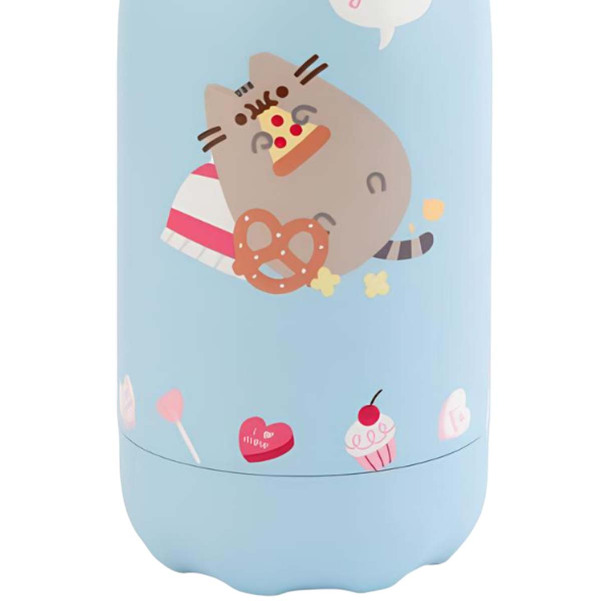 Tazza azzurra con gatto dei cartoni animati, pizza, pretzel, cupcake e dolci.