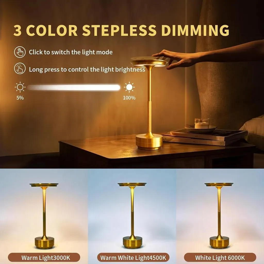 Goldene Lampe mit 3 Lichtfarben und einstellbarer Helligkeit, auf einem Nachttisch.