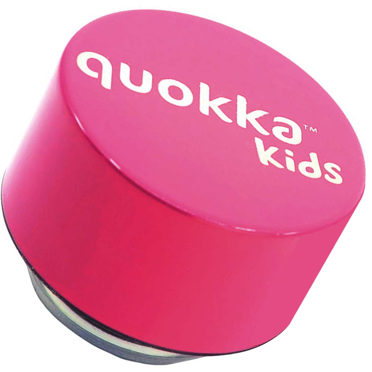 Un altoparlante rosa Quokka Kids con scritte bianche.