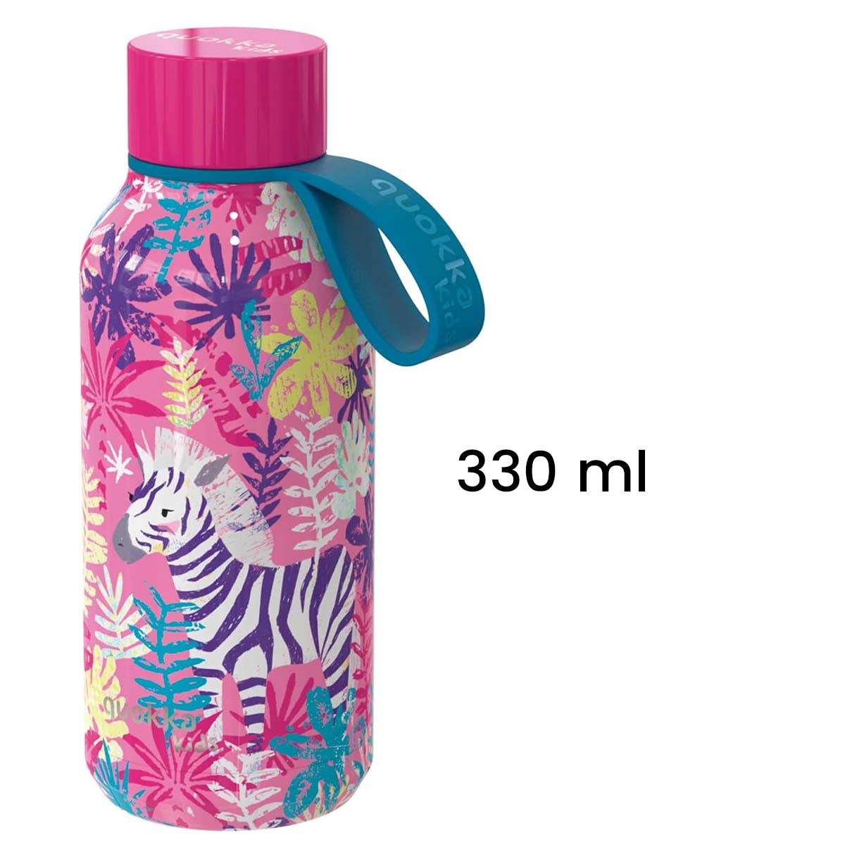 Borraccia rosa con zebra e motivo di foglie tropicali, 330 ml.