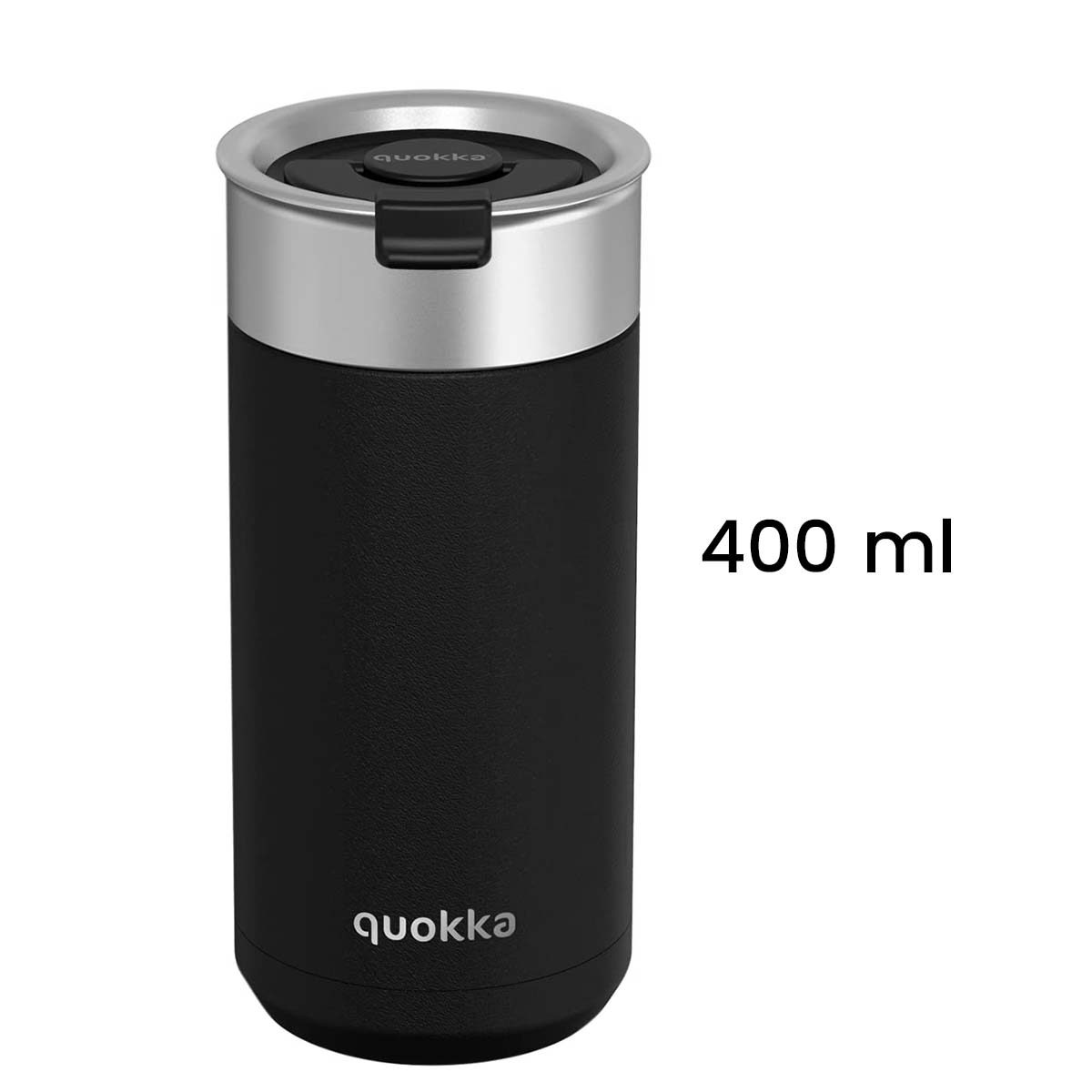 Tazza nera Quokka con coperchio argentato, capacità 400 ml.