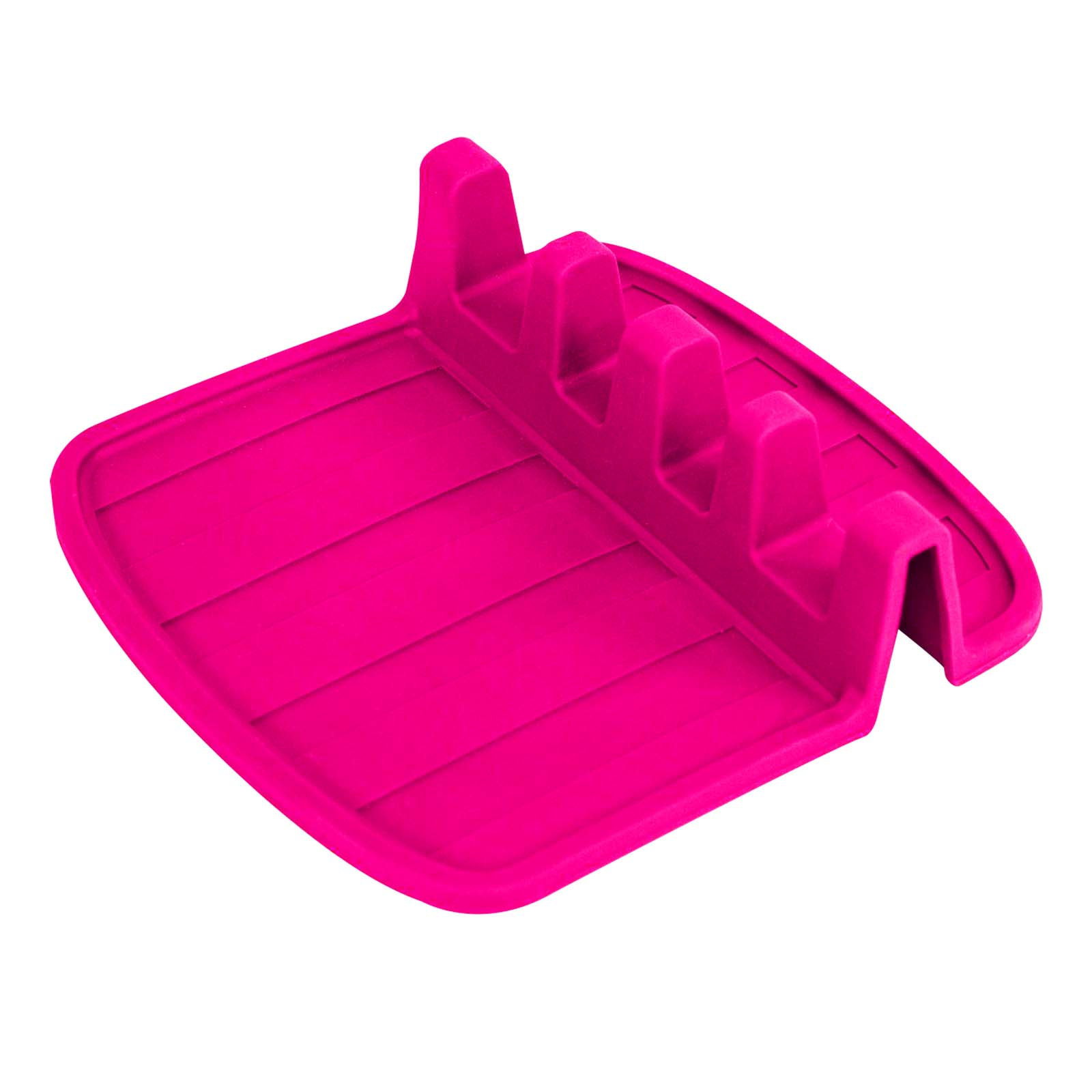 Un poggia utensili rosa con scanalature e quattro supporti.