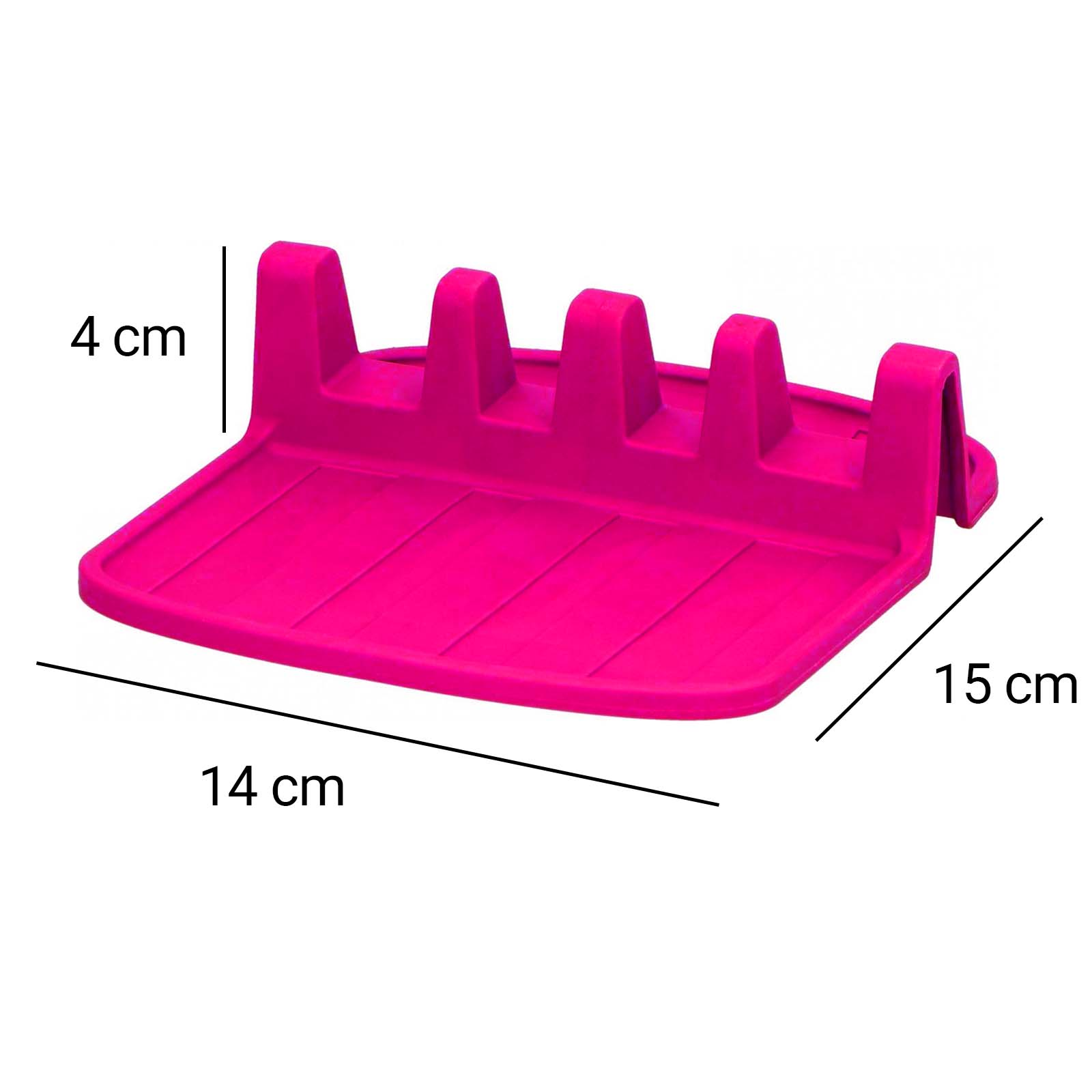 Un poggia utensili rosa con dimensioni 14x15x4 cm.