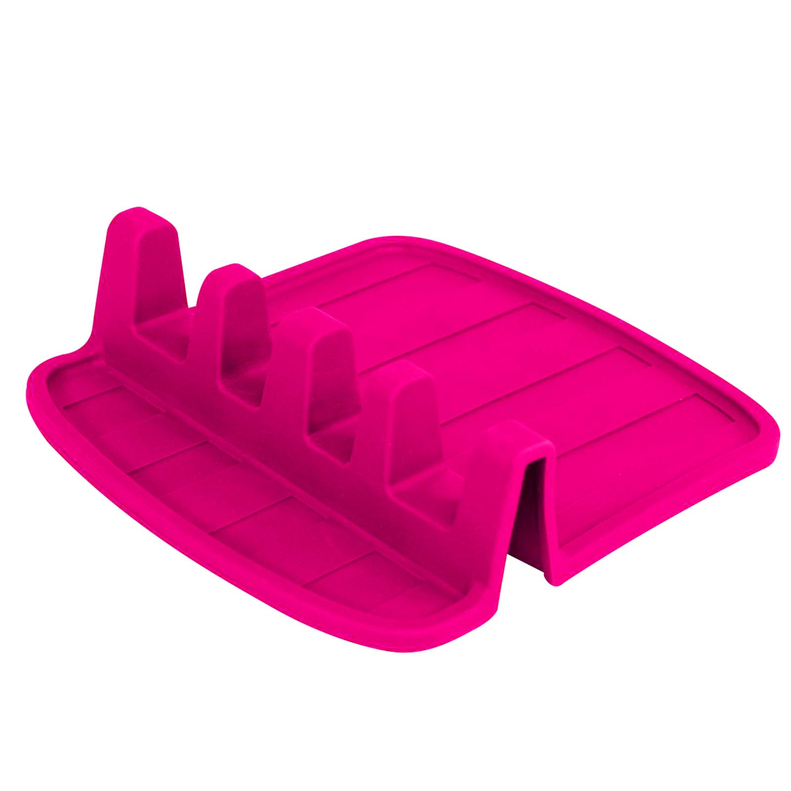 Un piccolo e brillante porta utensili da cucina in
silicone rosa con scanalature.