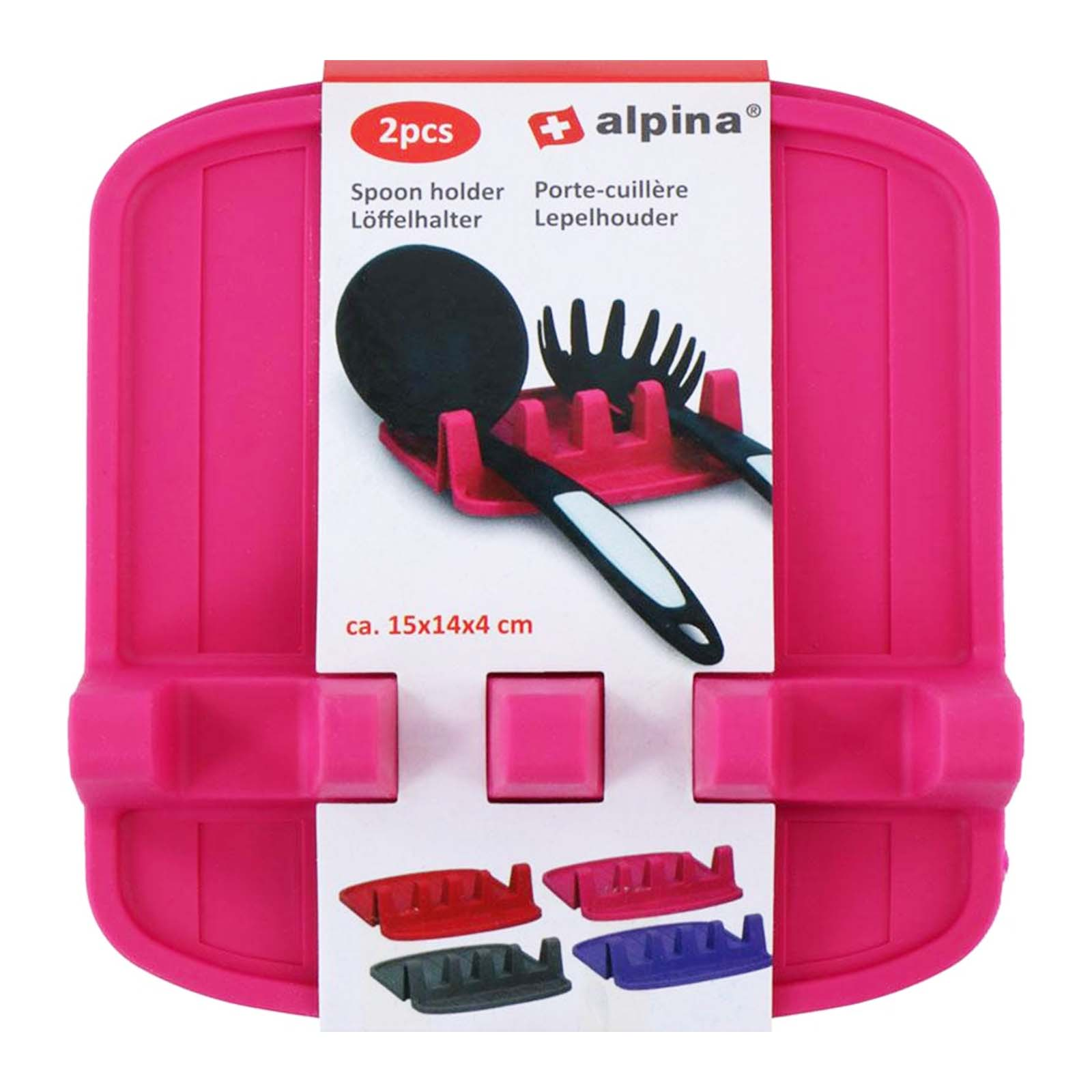 Un porta mestolo in silicone rosa con utensili da cucina e una confezione da quattro piccoli porta mestoli.