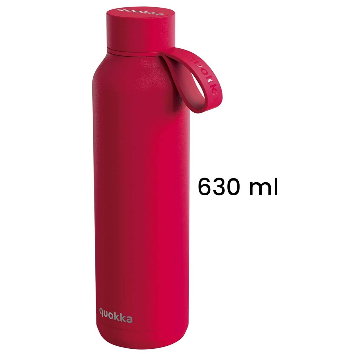 Una bottiglia rossa da 630 ml con manico e logo.