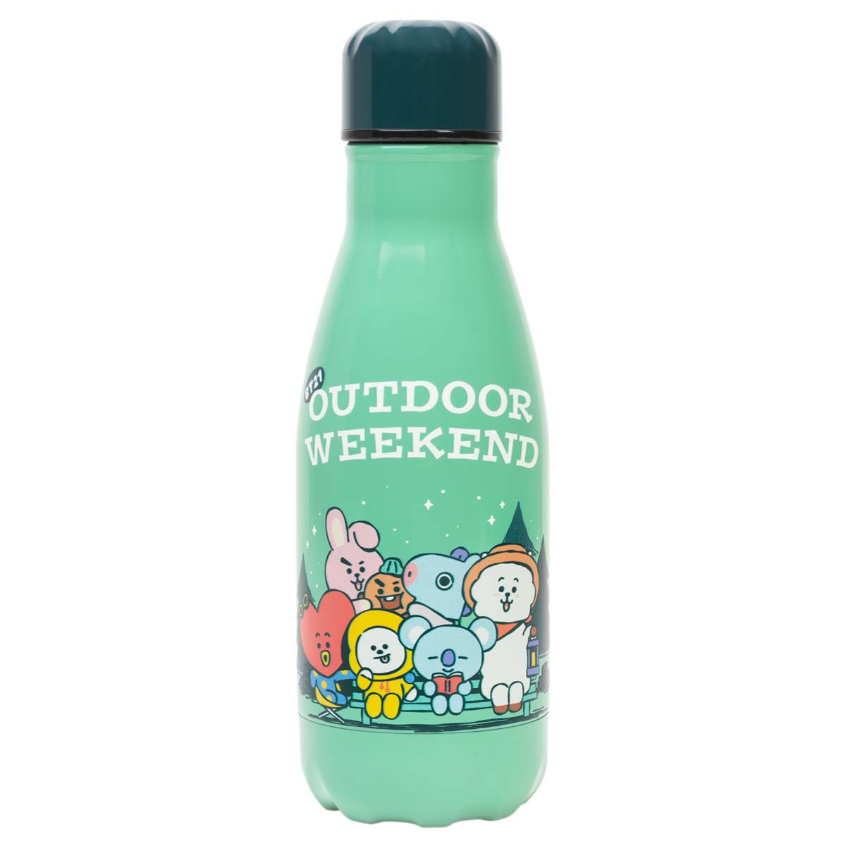 Una bottiglia verde menta con personaggi BT21 e testo "OUTDOOR WEEKEND".