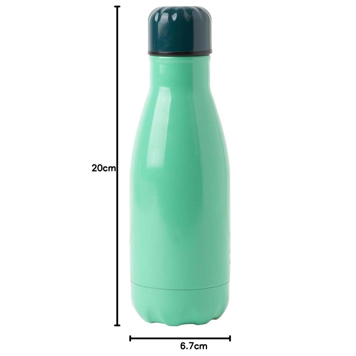 Una borraccia verde acqua con tappo scuro, alta 20 cm.