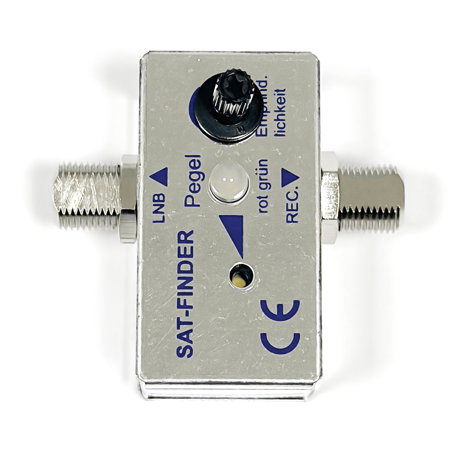 Ein silberner Satellitenfinder mit LNB- und REC-Anschlüssen, einem Lautstärkeregler und LED-Anzeigen.