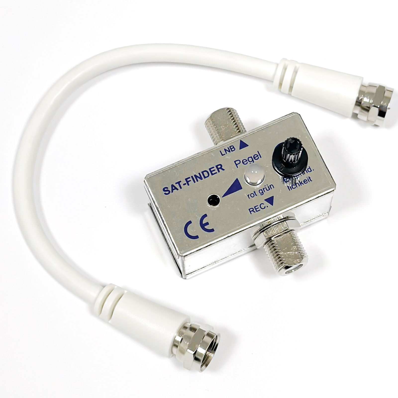 Ein SAT-FINDER mit weißem Kabel und Anschlüssen auf weißem Hintergrund.