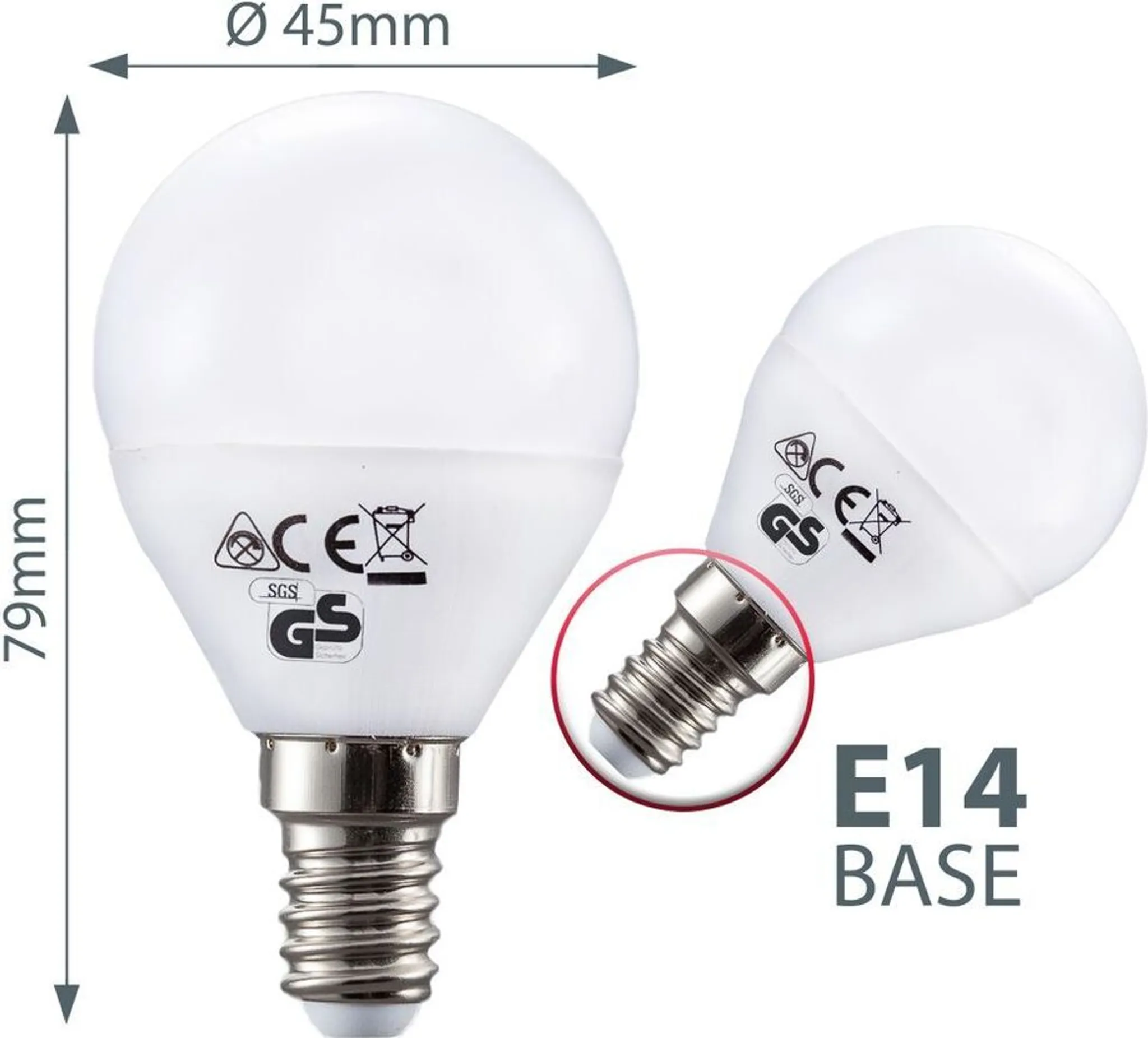Weiße LED-Glühbirne, 45mm Durchmesser, 79mm Höhe, E14-Sockel.