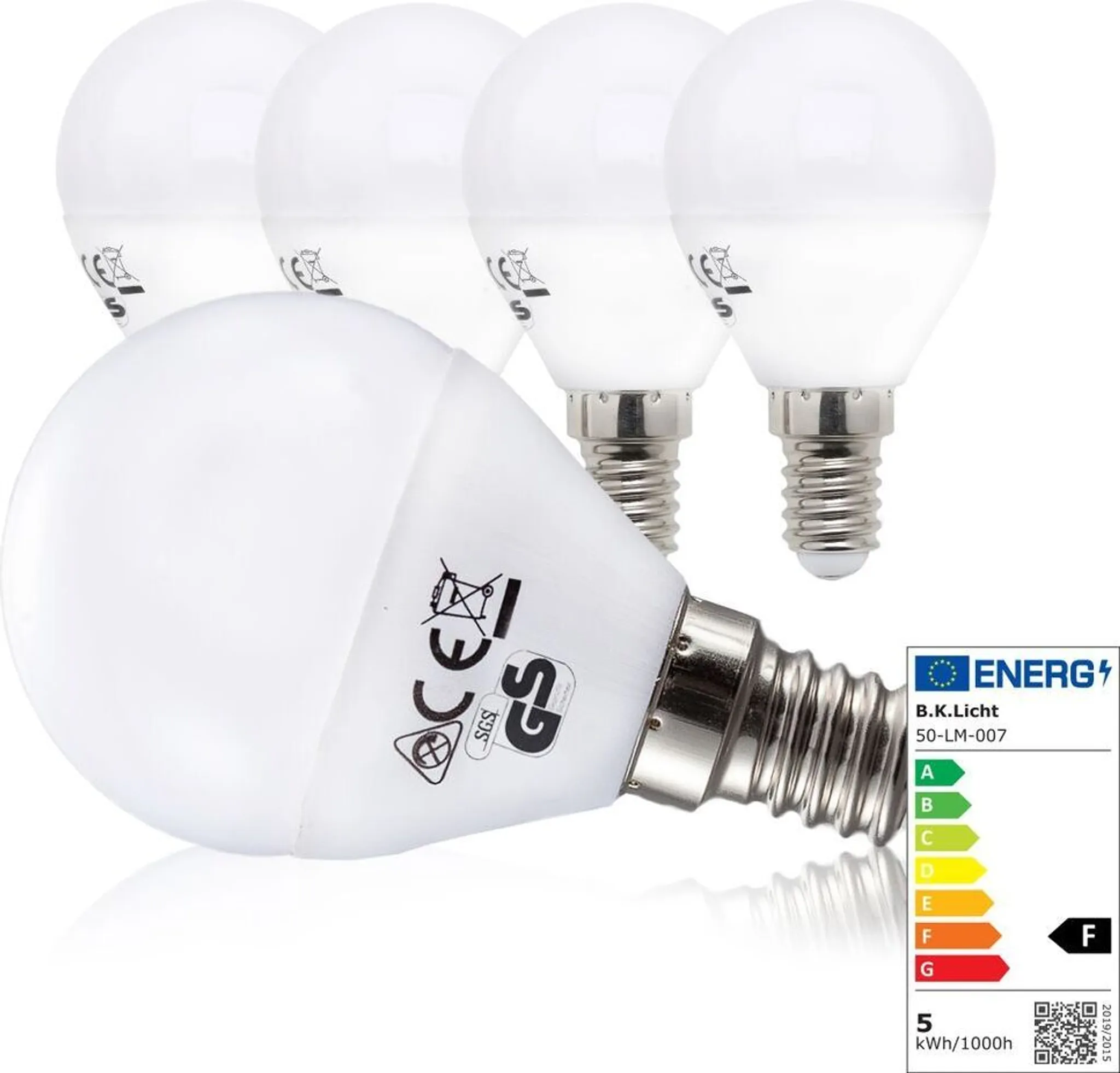 Fünf weiße LED-Lampen mit Schraubfassung und Energielabel F.