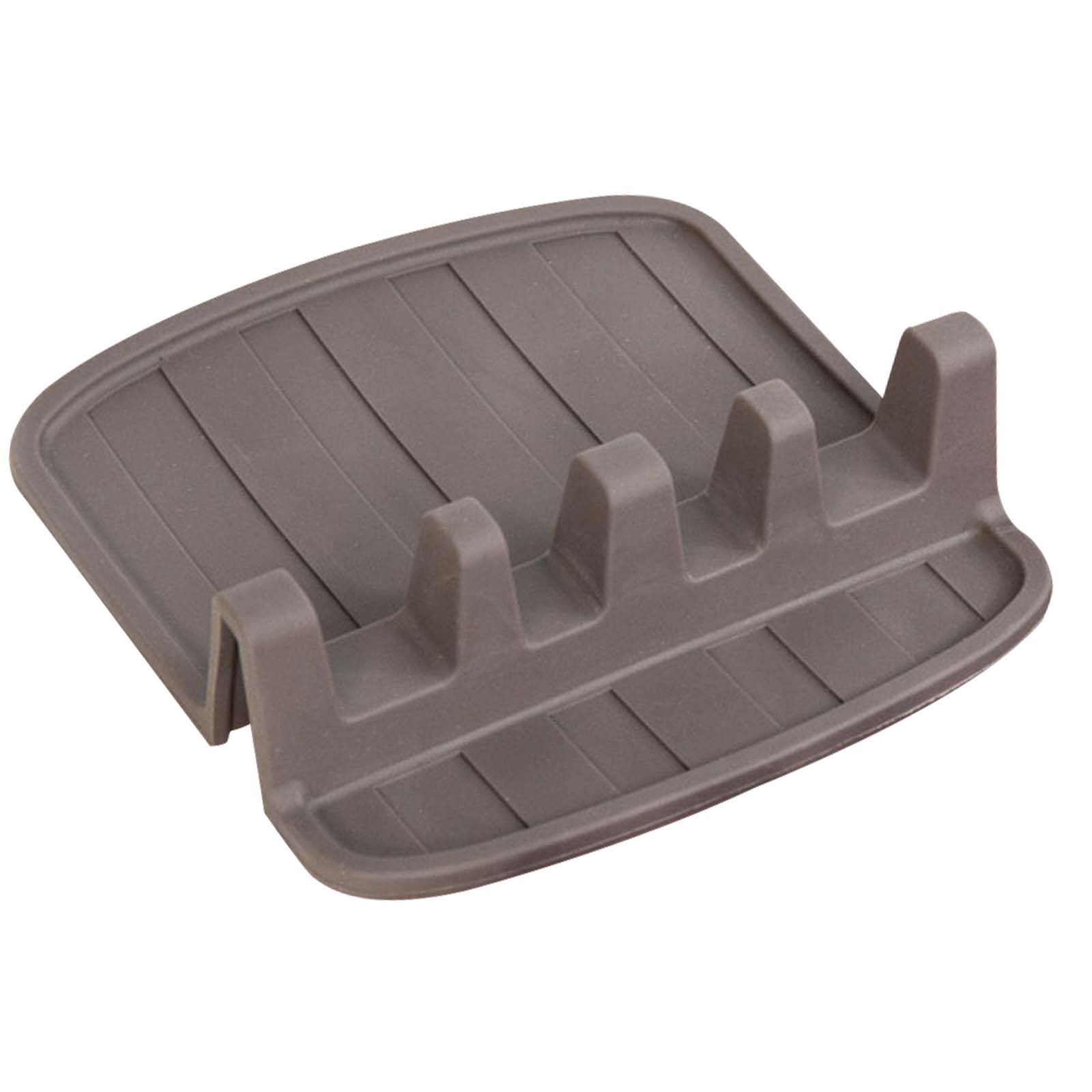 Un poggia utensili in silicone grigio con quattro fessure e bordi rialzati.