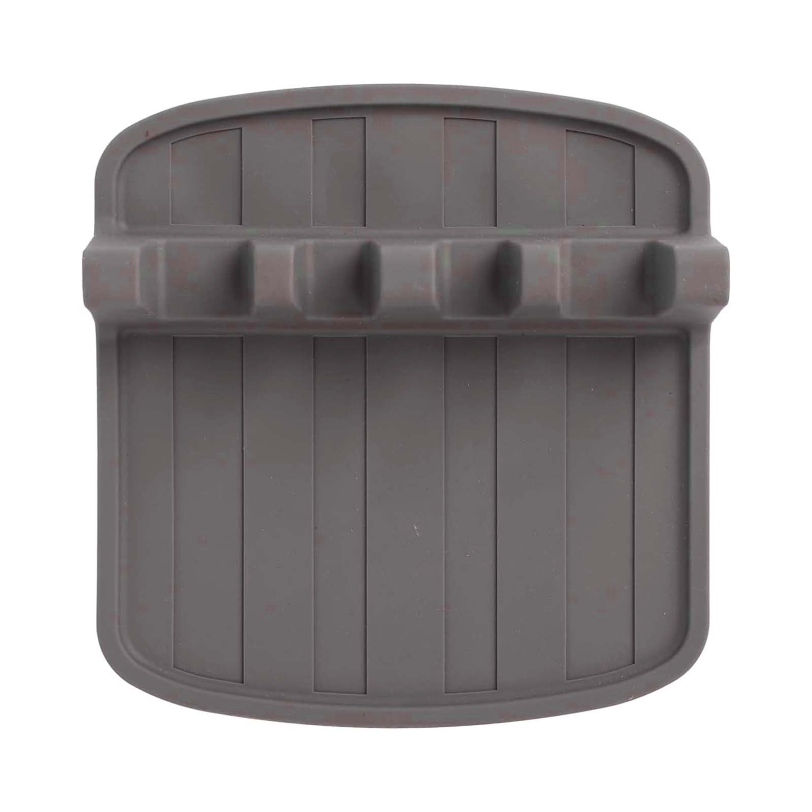 Un porta mestoli grigio con fessure in alto e scanalature in basso.