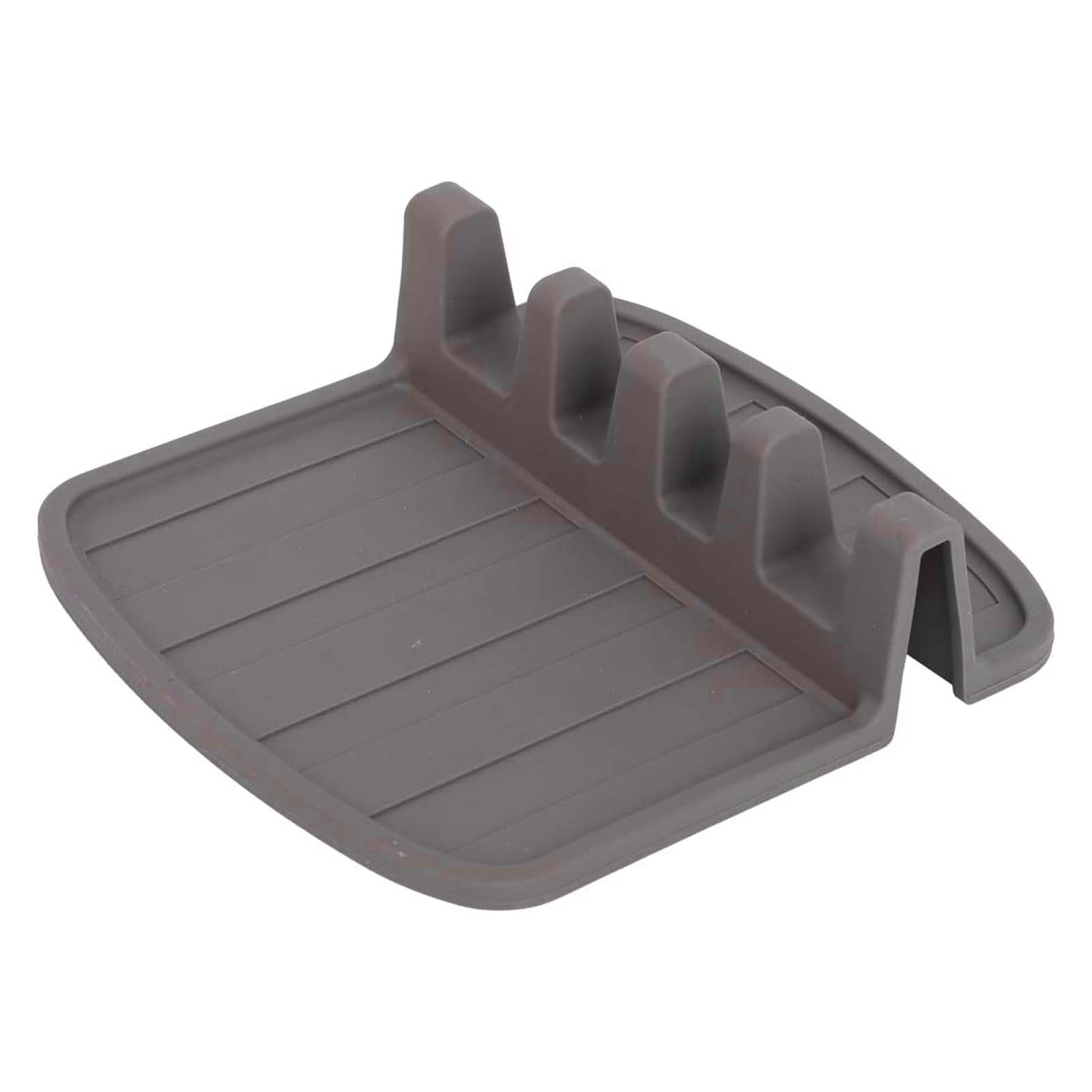 Porta utensili da cucina in silicone grigio con scanalature e quattro fessure.