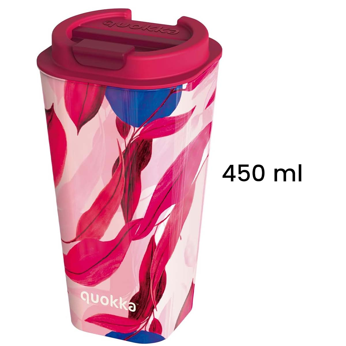 Un thermos Quokka rosa con motivo a foglie, capacità 450 ml.