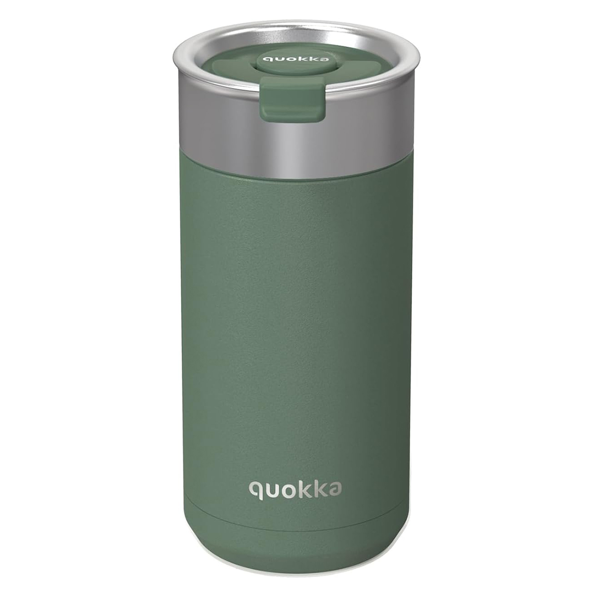 Un thermos Quokka verde con coperchio e manico argentati.