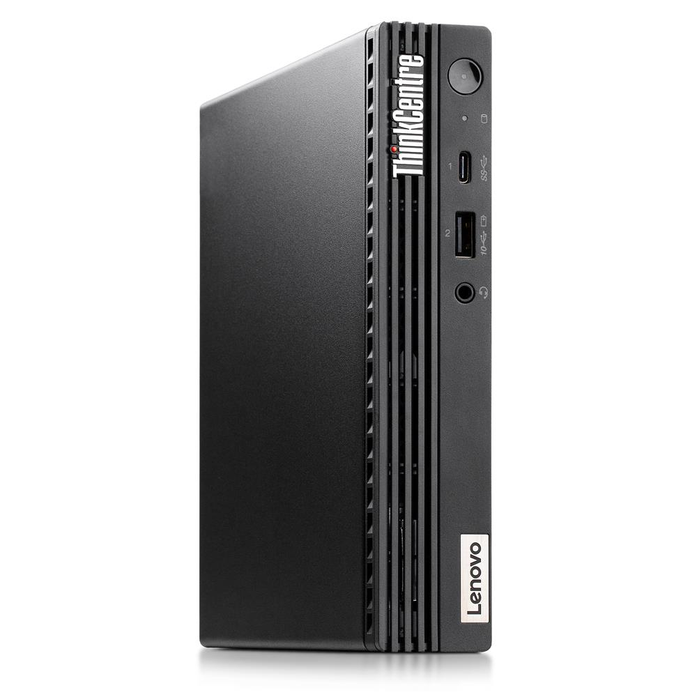 Zwarte Lenovo ThinkCentre mini-pc met ventilatieopeningen en poorten.