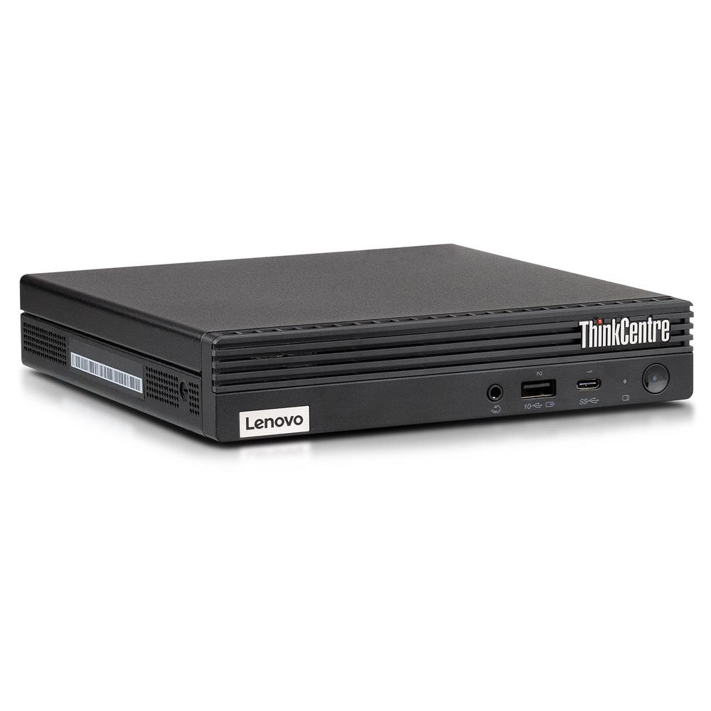 Een zwarte Lenovo ThinkCentre mini-pc met poorten aan de voorkant.
