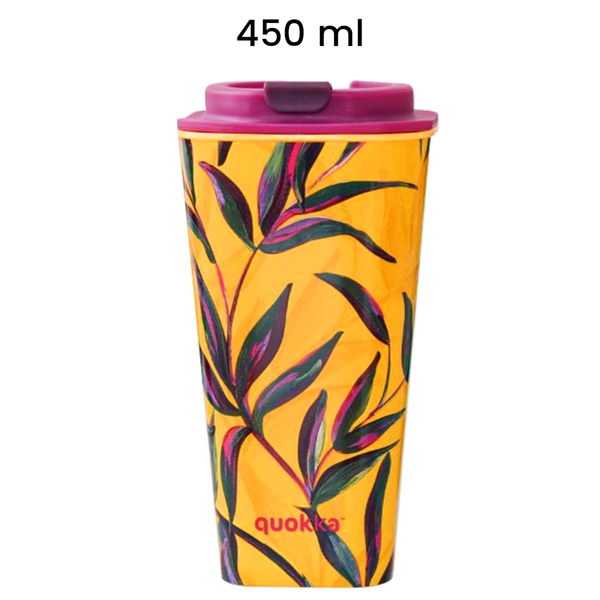 Tazza gialla con coperchio viola, decorata con foglie verdi e rosa.