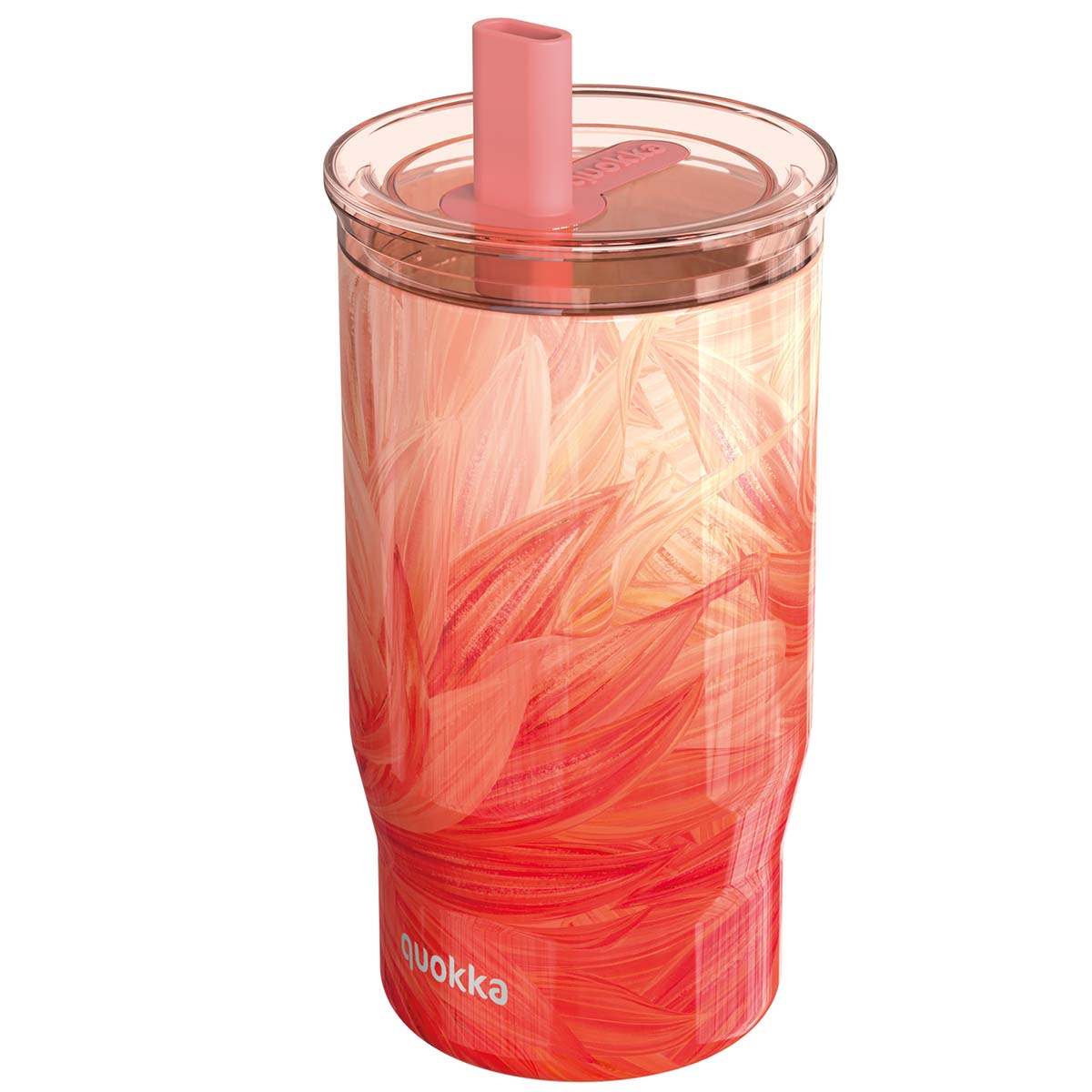 Un bicchiere con motivo corallo, cannuccia e coperchio rosa.