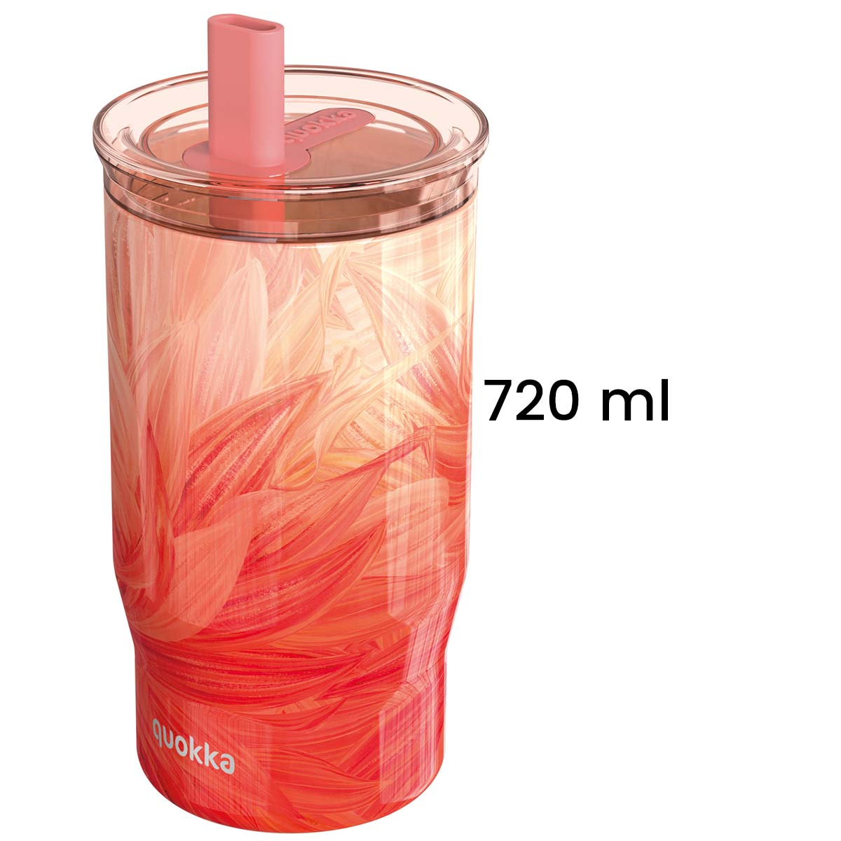 Un bicchiere da 720 ml con motivo floreale corallo e cannuccia rosa.