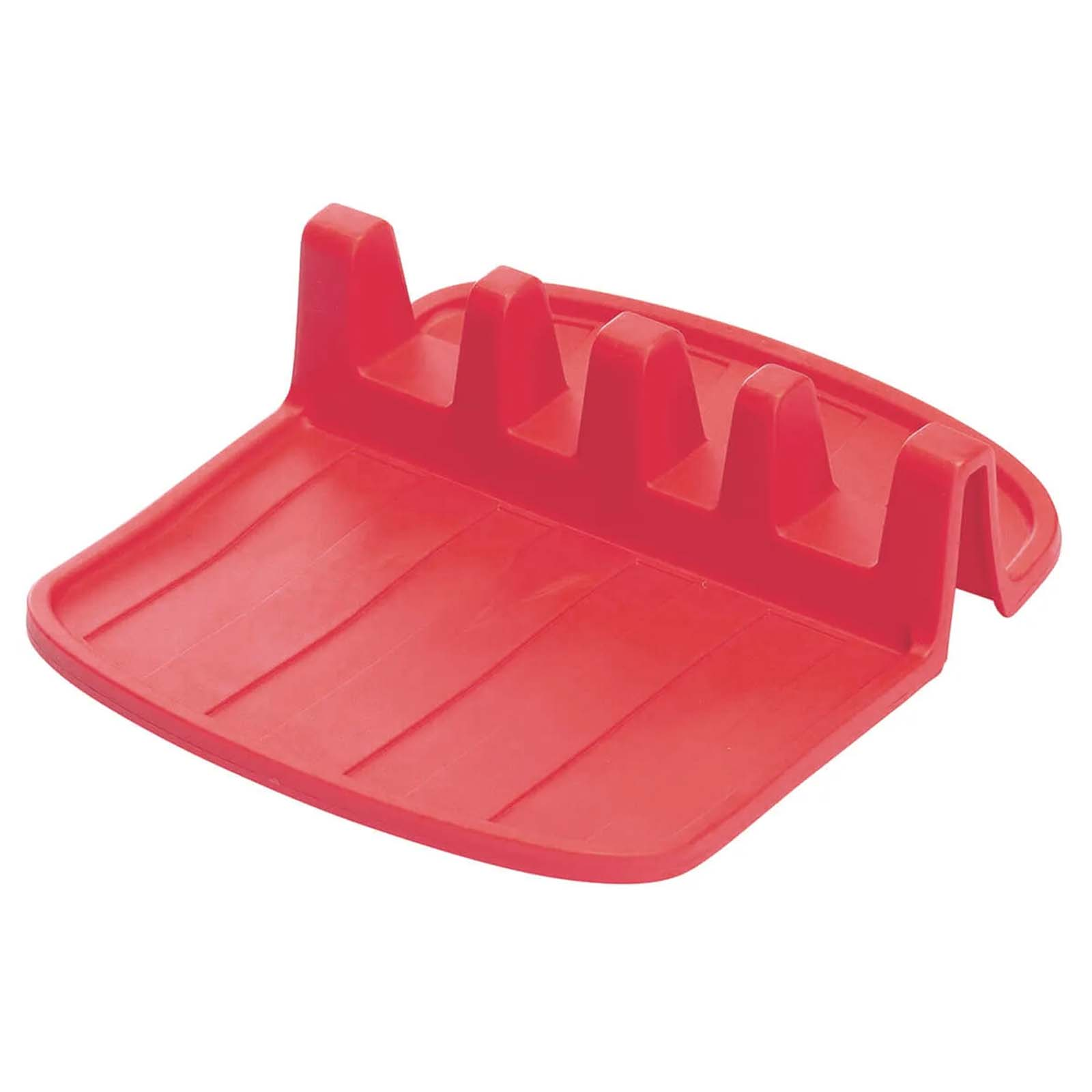 Un porta utensili rosso con più fessure per tenere gli utensili da cucina.
