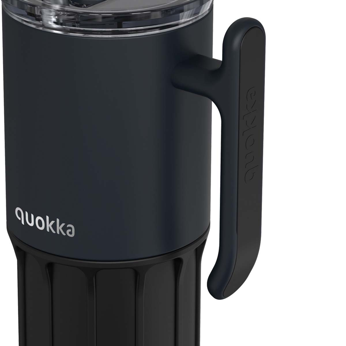 Tazza blu scuro con manico e base nera. Logo 'quokka'.