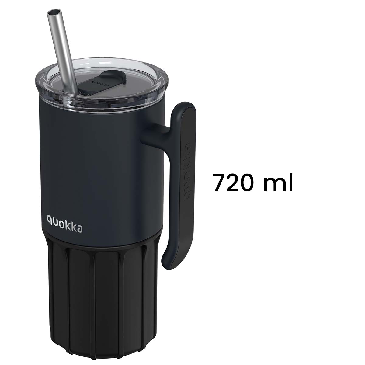 Bicchiere grigio scuro con manico, cannuccia e base nera. 720 ml.