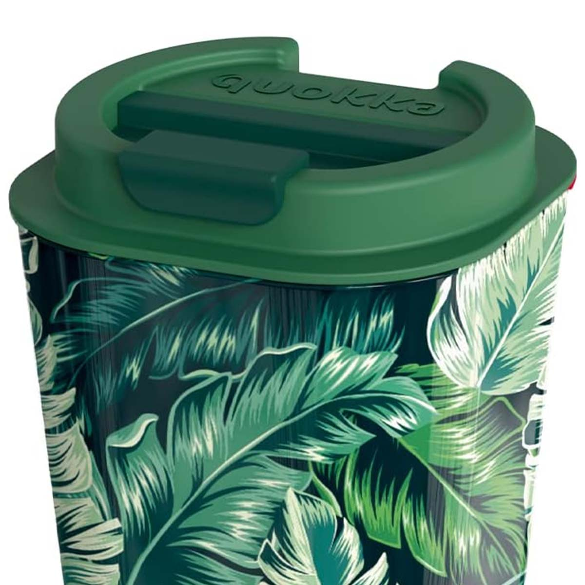 Foglie tropicali verdi su una tazza con coperchio verde e logo "guokke".
