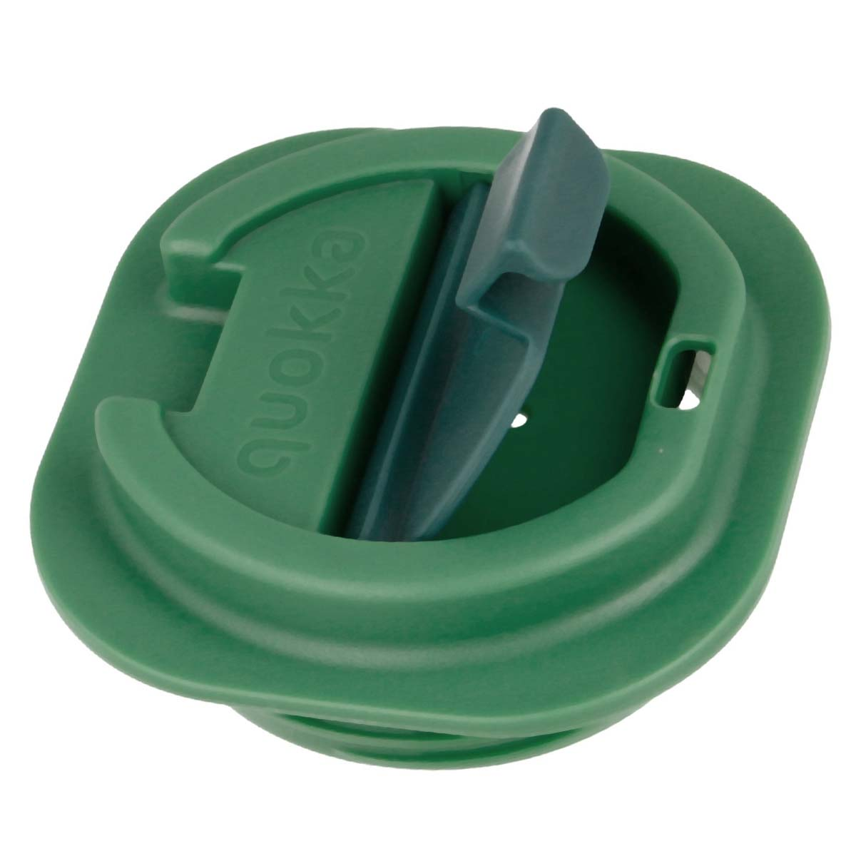 Coperchio verde con logo Quokka e meccanismo a ribalta blu.