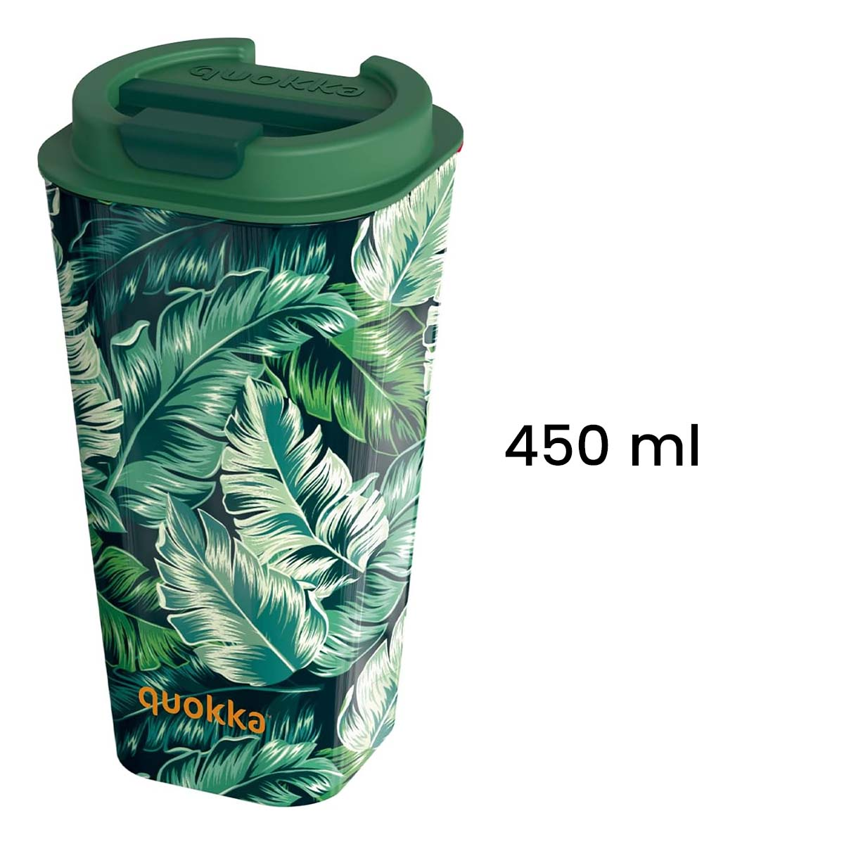 Una tazza da viaggio verde con motivo a foglie e capacità 450 ml.