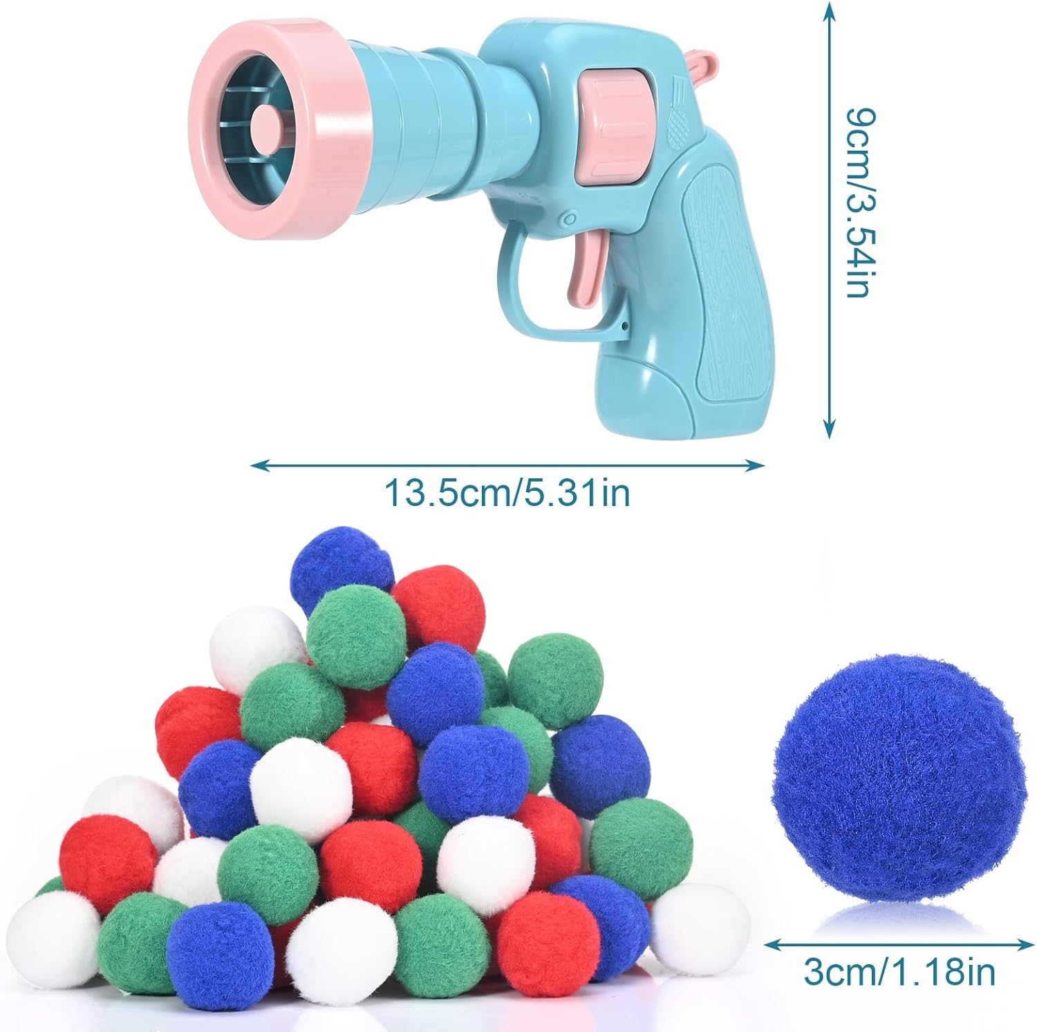 Eine blaue Spielzeugpistole mit rosa Akzenten sitzt über einem Haufen bunter Pompons.