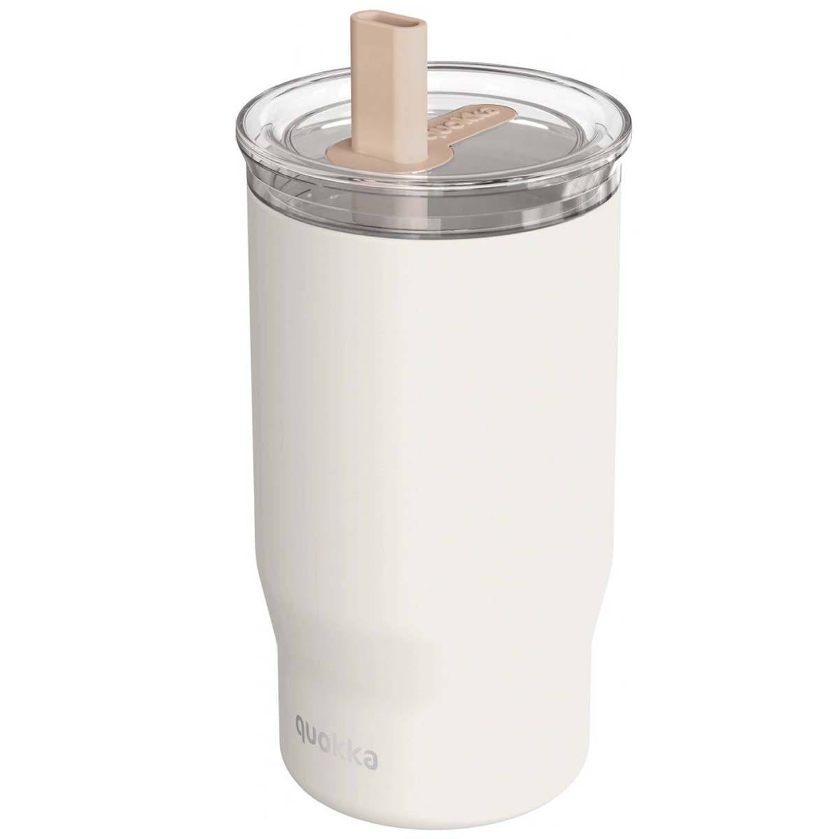 Un bicchiere bianco con coperchio trasparente e porta cannuccia beige.