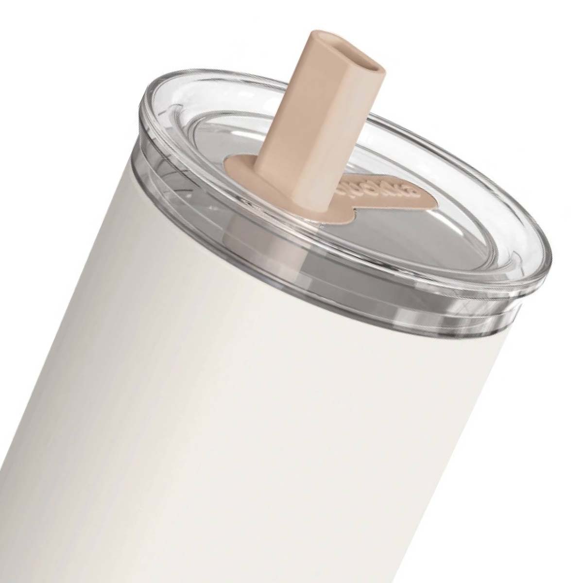 Un bicchiere color crema con coperchio trasparente e cannuccia.