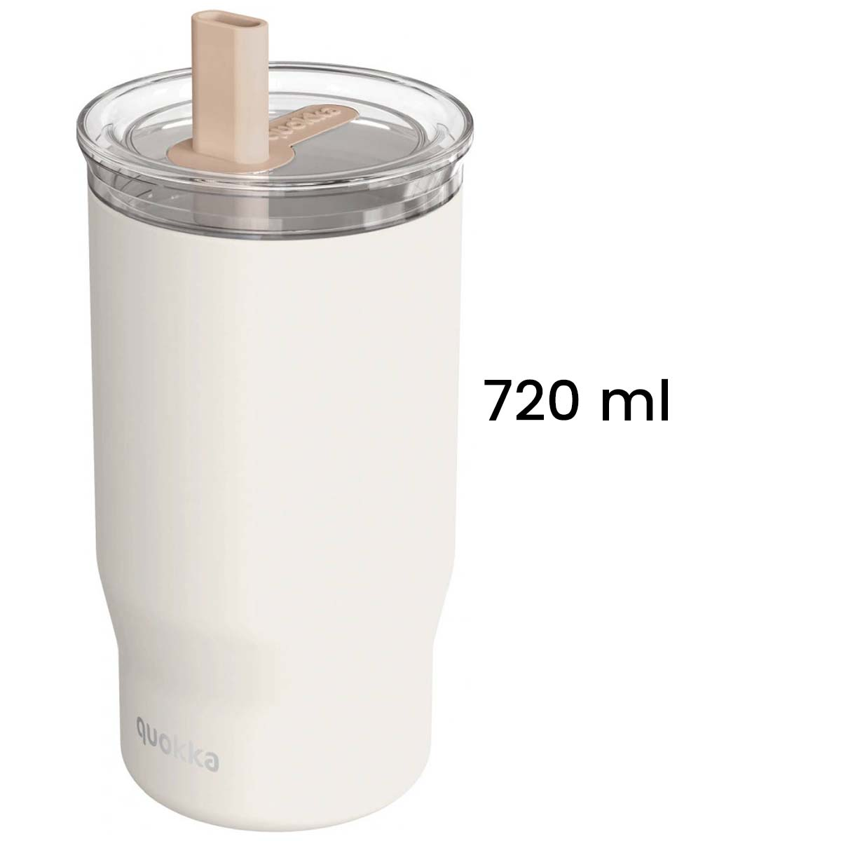 Un bicchiere bianco con coperchio con cannuccia, capacità 720 ml.