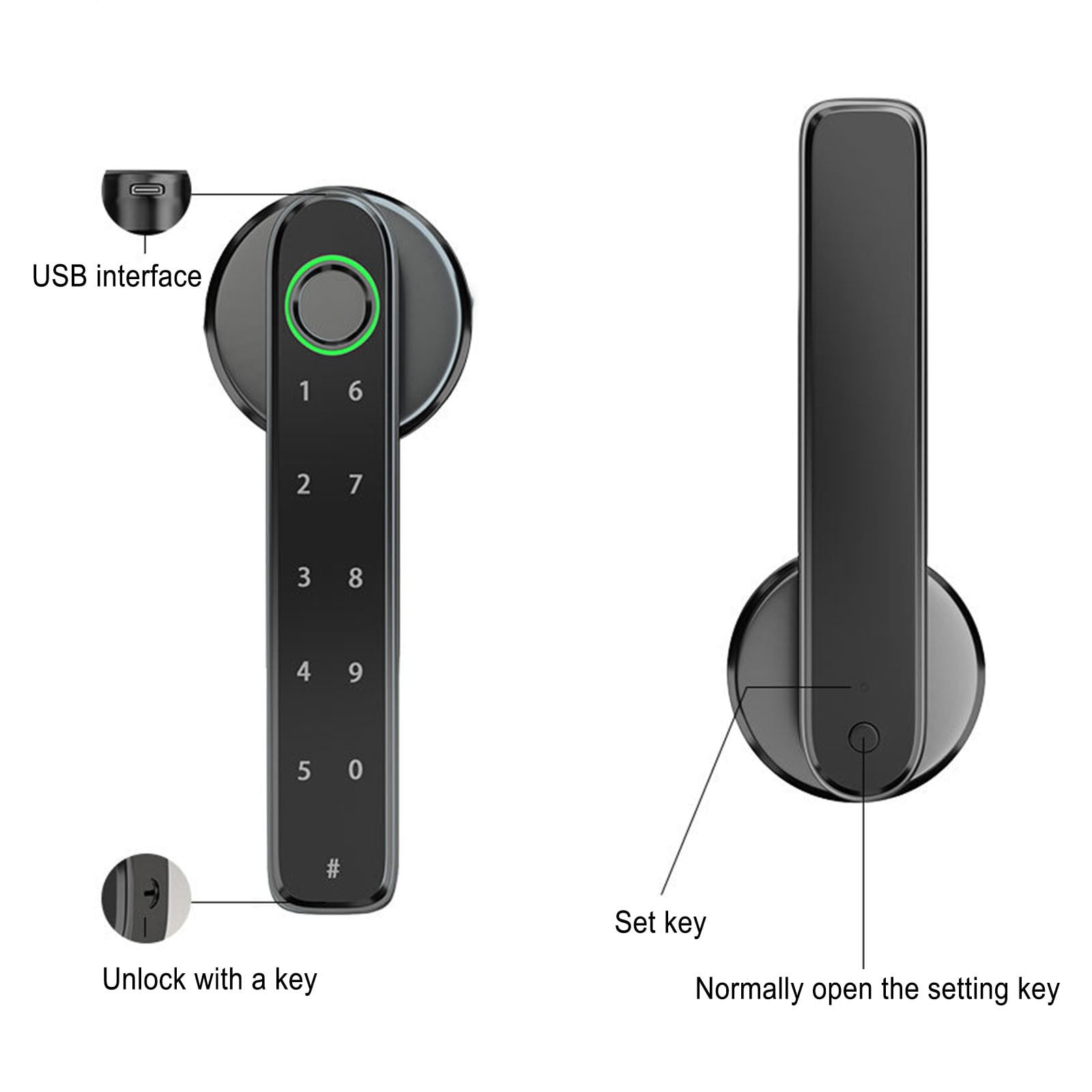 Digitale Türschlösser mit USB, Tastatur und Schlüsselloch.