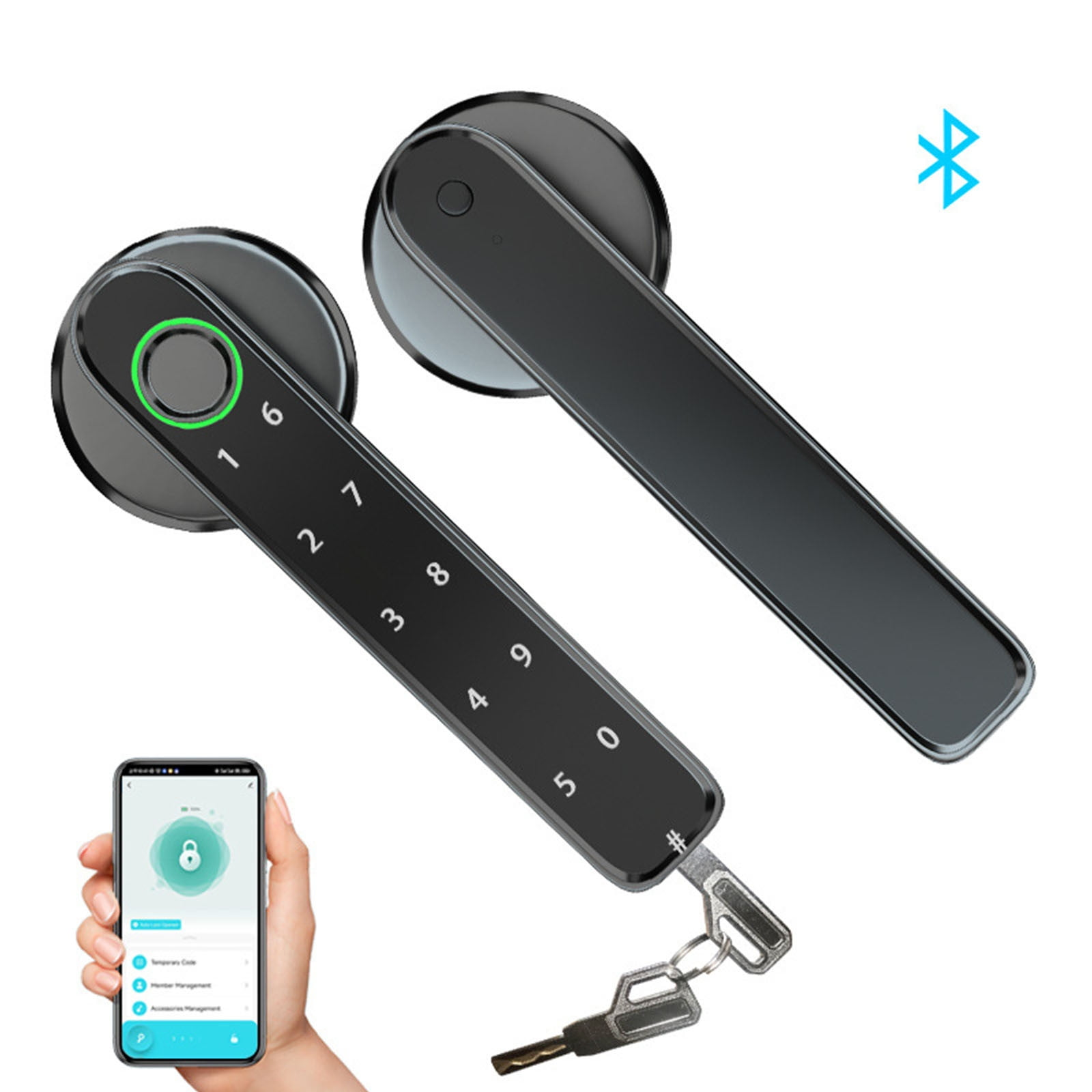 Ein schwarzer Türgriff mit Zahlenfeld, Fingerabdrucksensor und Schlüssel. Daneben ein Handy.