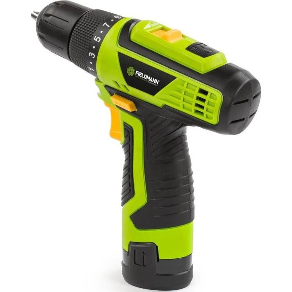 Een accuboormachine met zwarte handgreep en groene accenten.