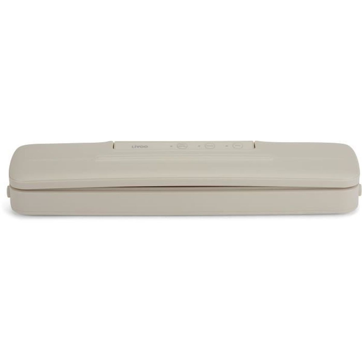 Een beige vacuümmachine met bedieningsknoppen aan de bovenzijde.