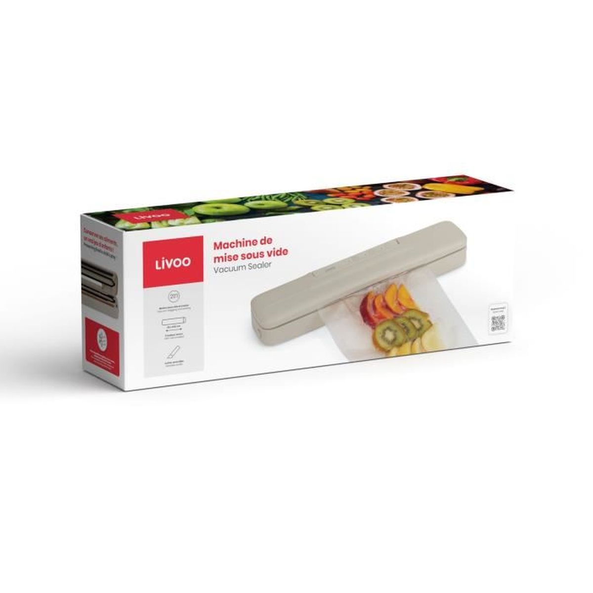 Livoo vacuümmachine doos met fruitplakjes op een zak.