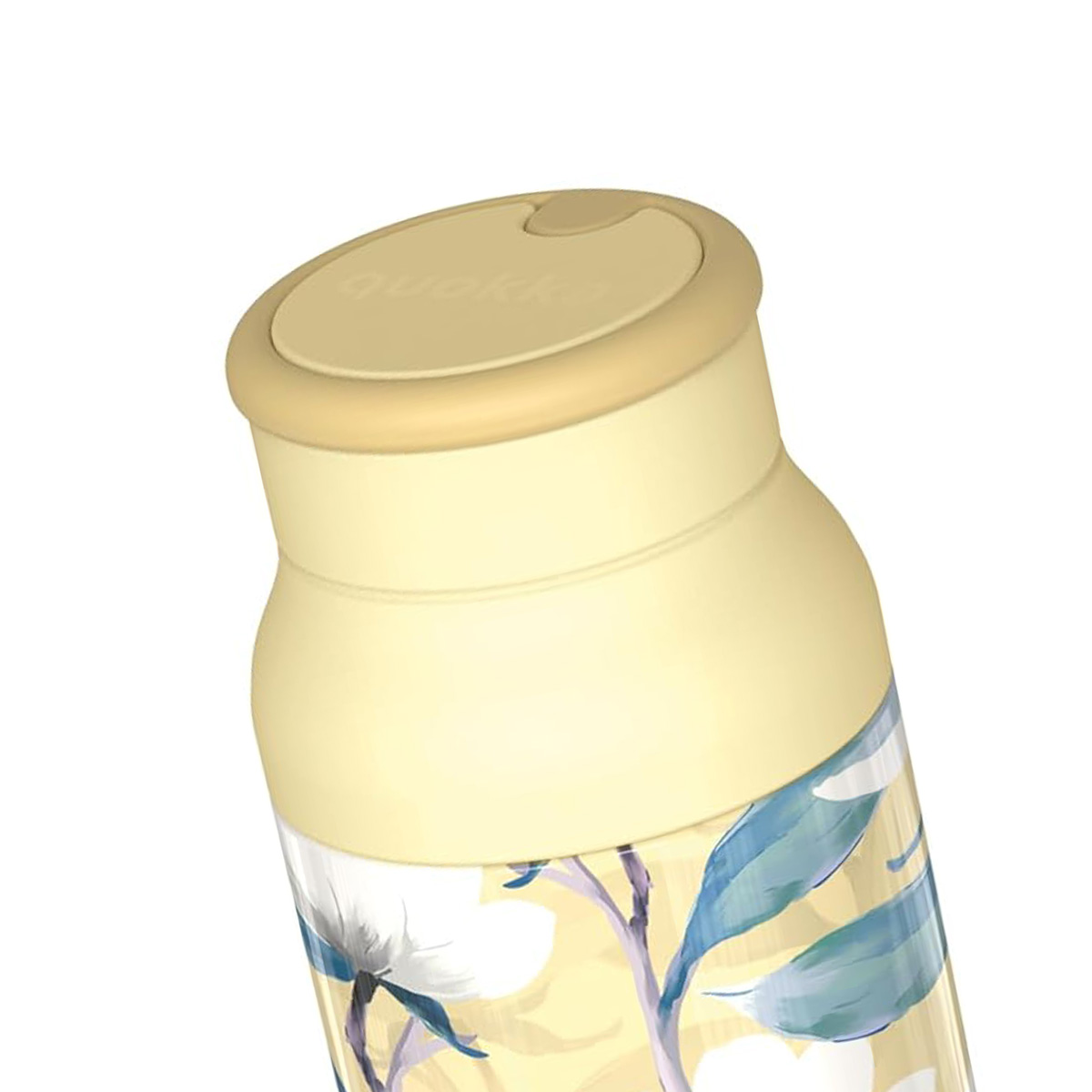 Una borraccia gialla con motivo floreale e tappo beige chiaro.