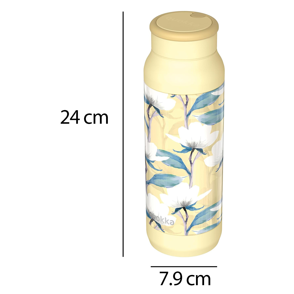 Bottiglia giallo chiaro con motivo floreale, altezza 24cm, larghezza 7,9cm.