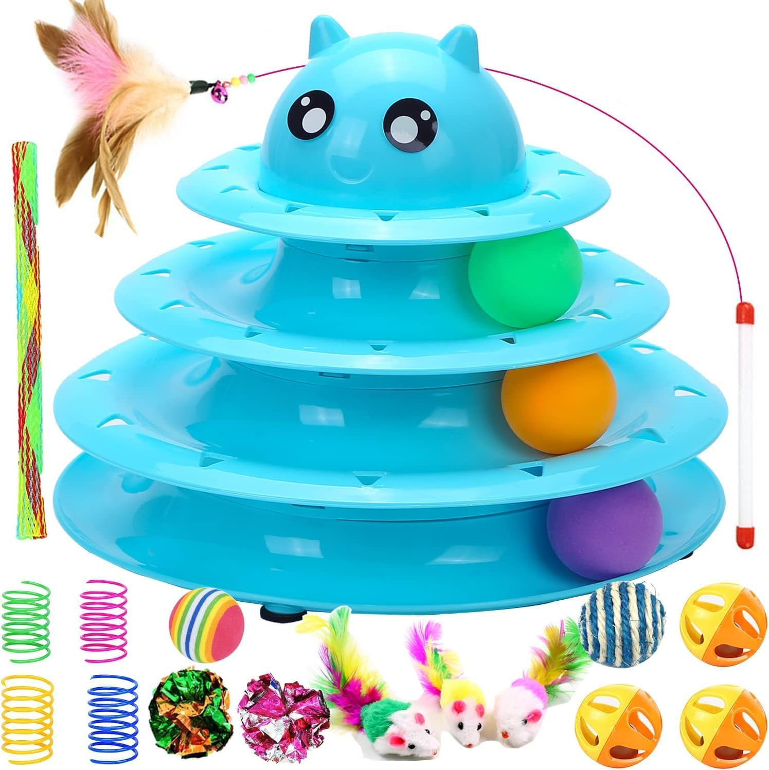 Blaues Katzenspielzeug-Turm mit Bällen, Federn, Federn, Mäusen und Knisterbällen.