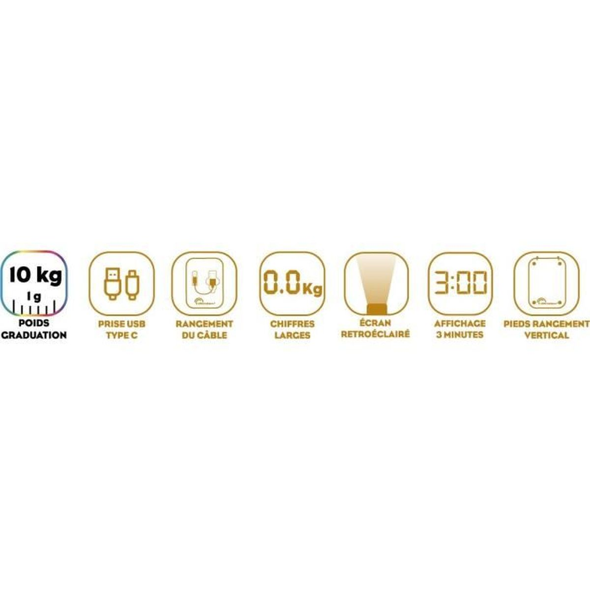 Symbole für 10kg, USB-C, Kabelaufbewahrung, große Ziffern, beleuchtetes Display, 3 Min. Anzeige, vertikale Füße.