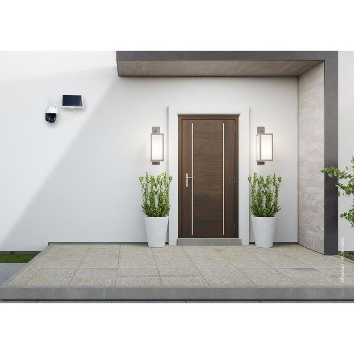 Moderne voordeur met twee potplanten en een wandgemonteerd beveiligingssysteem.